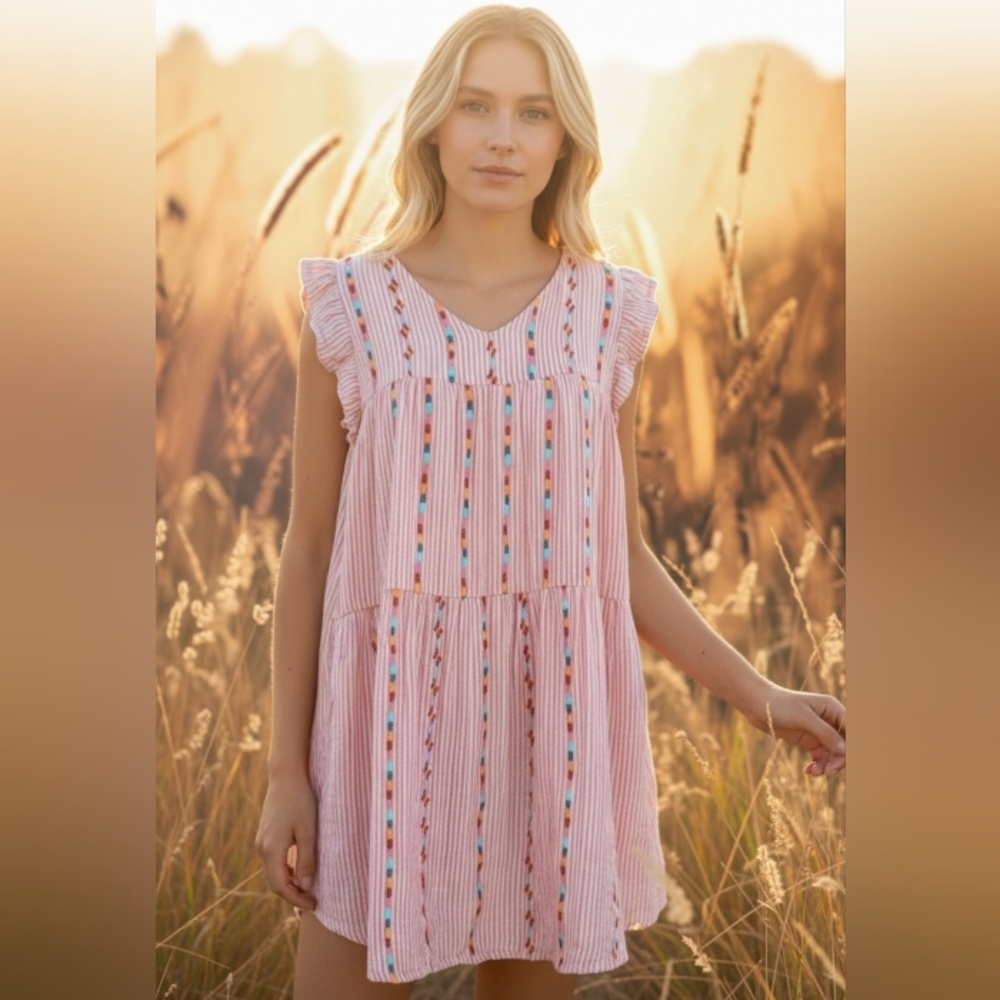 Savanna Jane Red Cream Striped Embroidered Ruffle Flutter Boho Tunic Sundress